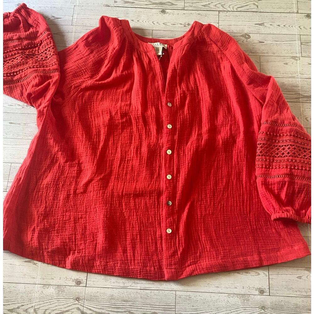 Calypso St. Barth Red Peasant Blouse 1X Textured Cotton Boho Button Front